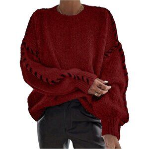 Women's Red Oversized Stitching Long Sleeve Crew Neck Baggy Knit Sweaters